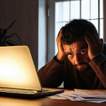 **Image Prompt:** A worried person sitting at a table covered in bills and financial documents, illuminated by the soft glow of a laptop displaying budget spreadsheets. Emphasize the stress and confusion, but also a glimmer of hope and determination in their eyes. Perhaps a calculator and a pen are nearby. The setting is a modest, but cozy Portuguese home. The overall mood is realistic and slightly melancholic, yet hopeful.