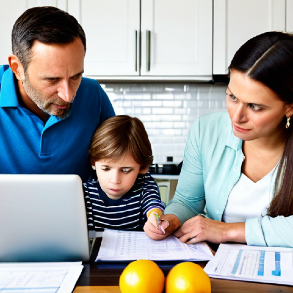 Family Finance Planning**

A family (parents and two children, appropriate age range) sitting around a table in a brightly lit kitchen, reviewing financial documents and a budget spreadsheet on a laptop. Focus on the expressions of concern and collaboration. fully clothed, safe for work, appropriate content, professional, perfect anatomy, correct proportions, natural pose, well-formed hands, proper finger count, natural body proportions, modest clothing, family-friendly.

**