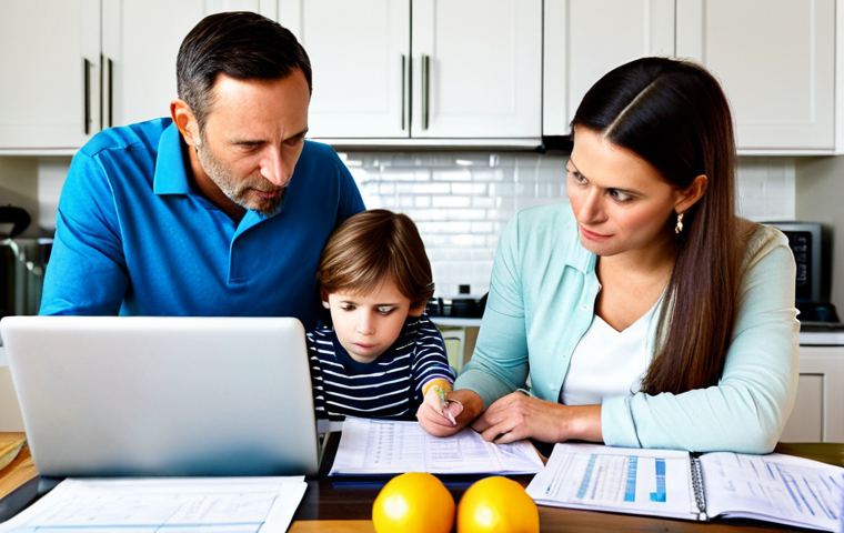Family Finance Planning**

A family (parents and two children, appropriate age range) sitting around a table in a brightly lit kitchen, reviewing financial documents and a budget spreadsheet on a laptop. Focus on the expressions of concern and collaboration. fully clothed, safe for work, appropriate content, professional, perfect anatomy, correct proportions, natural pose, well-formed hands, proper finger count, natural body proportions, modest clothing, family-friendly.

**