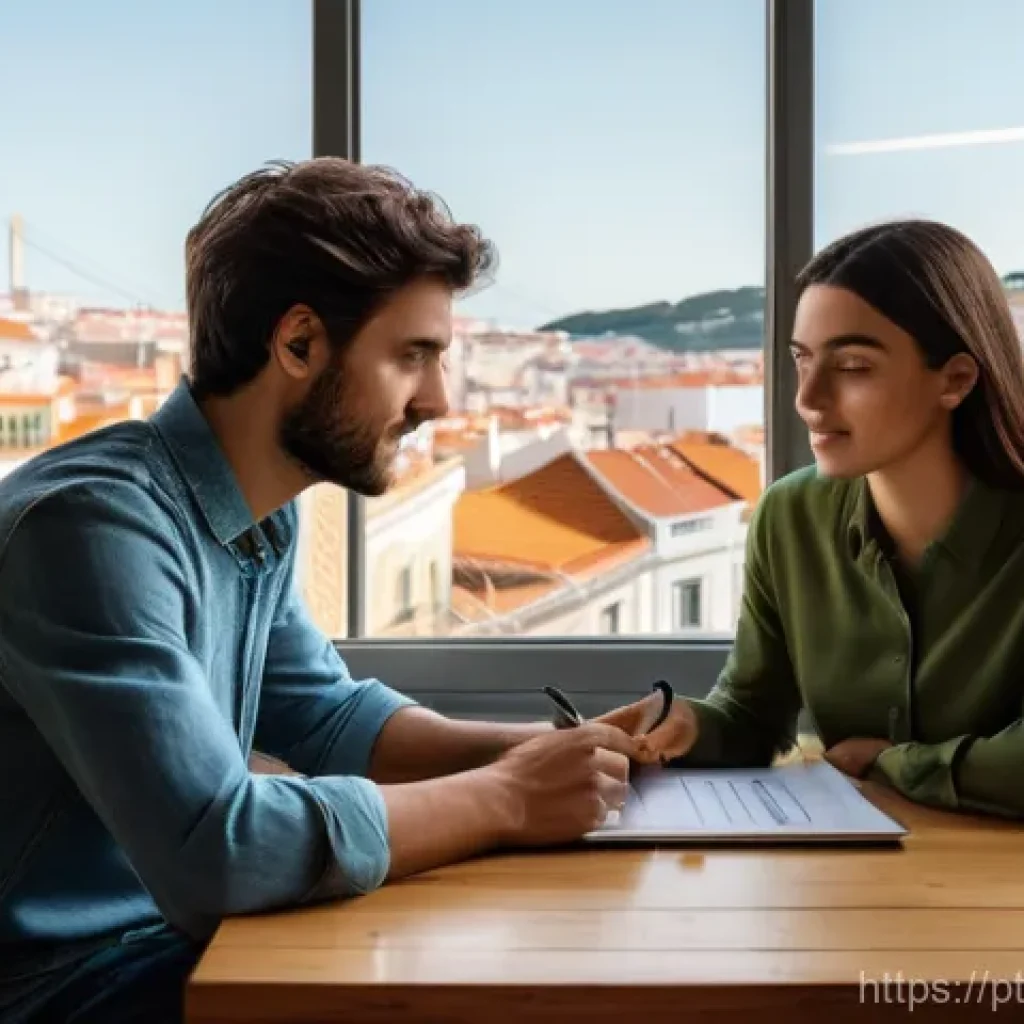 부동산 시장 예측과 대출 전략의 관계 - **Prompt:** A young Portuguese couple in their late 20s, dressed in stylish casual attire, sits at a...