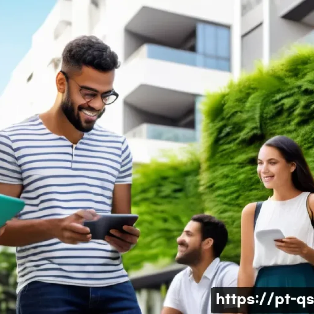 부동산 시장 트렌드와 대출 전략 - A modern Brazilian urban neighborhood scene showcasing a diverse group of young adults carefully rev...