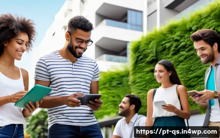 부동산 시장 트렌드와 대출 전략 - A modern Brazilian urban neighborhood scene showcasing a diverse group of young adults carefully rev...