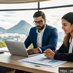 주택담보대출의 변동금리와 고정금리 선택 전략 - A professional Brazilian couple reviewing mortgage financing options at a modern home office, with f...