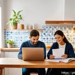 주택담보대출의 고정금리 선택 시기 - A modern Portuguese couple sitting at a cozy, sunlit kitchen table in a Lisbon apartment, reviewing ...