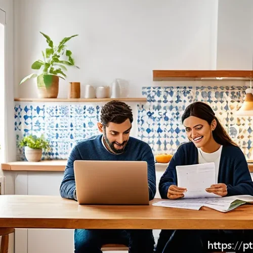 주택담보대출의 고정금리 선택 시기 - A modern Portuguese couple sitting at a cozy, sunlit kitchen table in a Lisbon apartment, reviewing ...