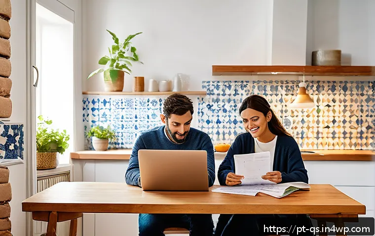 주택담보대출의 고정금리 선택 시기 - A modern Portuguese couple sitting at a cozy, sunlit kitchen table in a Lisbon apartment, reviewing ...
